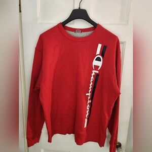 Champion Powerblend Fleece Crewneck Sweatshirt with a vertical logo graphic